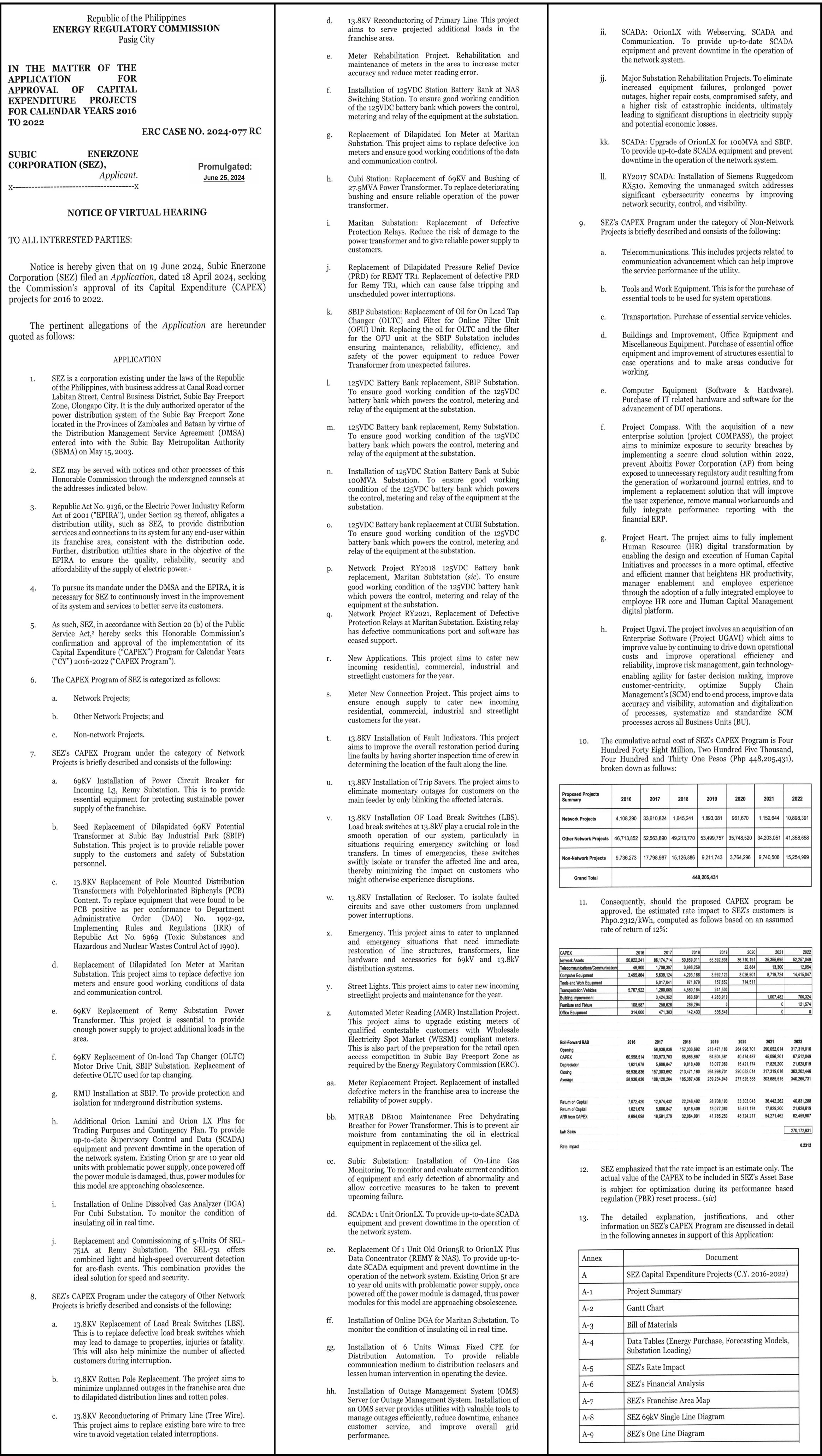 Notice of Virtual Hearing - Subic Enerzone Corporation (SEZ)